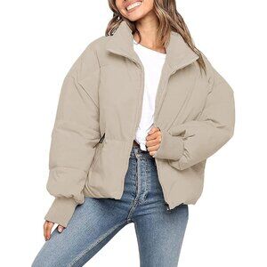 👑Women's Winter Puffer Jacket Khaki Outerwear Long Sleeve Short Warm Coat